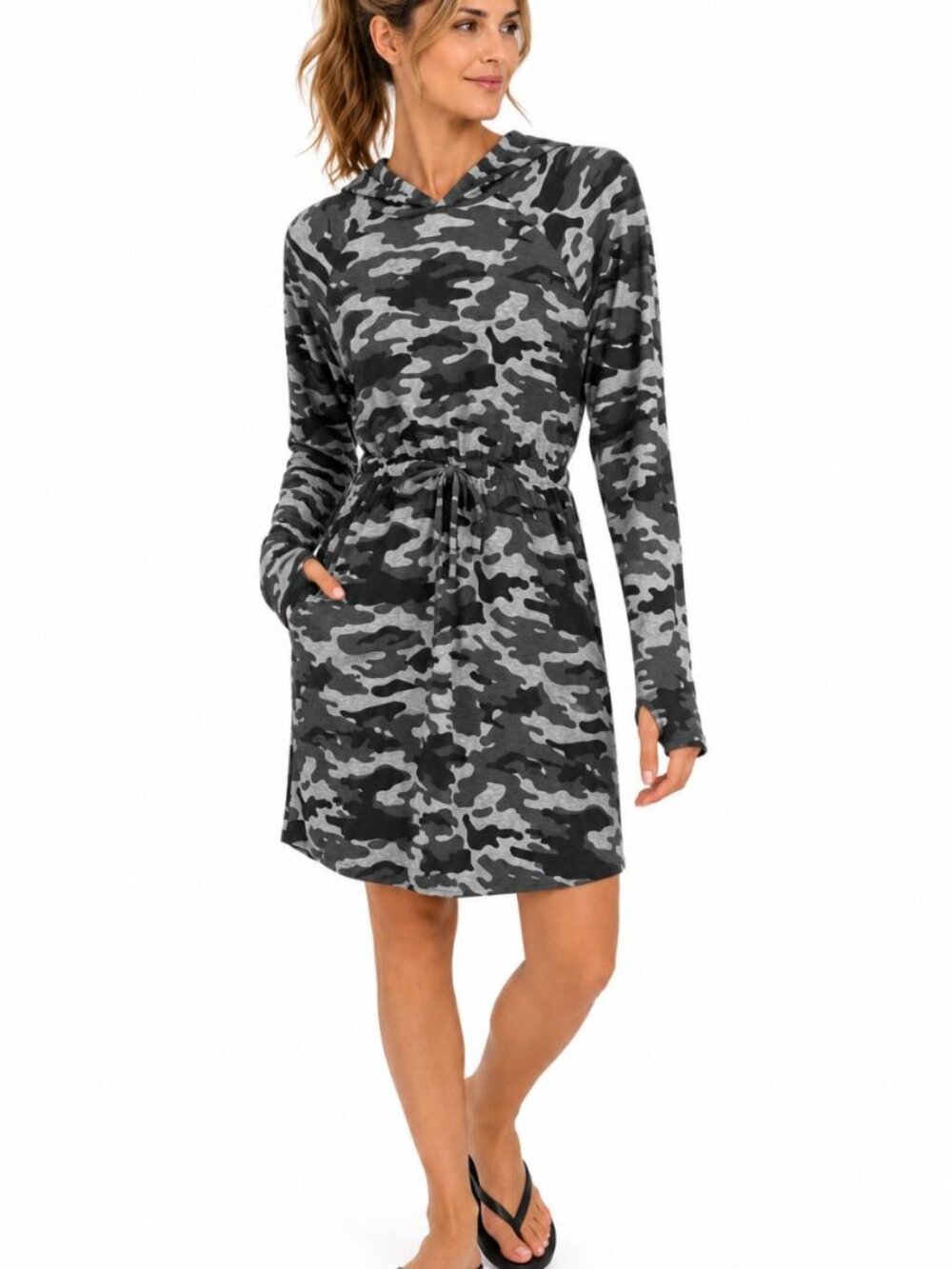 Coolibar Women's NWT Lumaleo Hoodie Dress Gray Camouflage UPF 50+ Pockets Size L